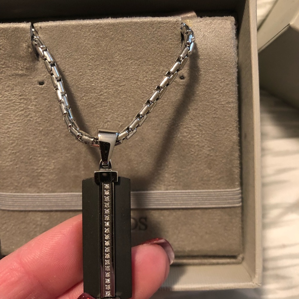 Stainless Steel&black ion-plated diamond ID pendant necklace 1/10 ctw